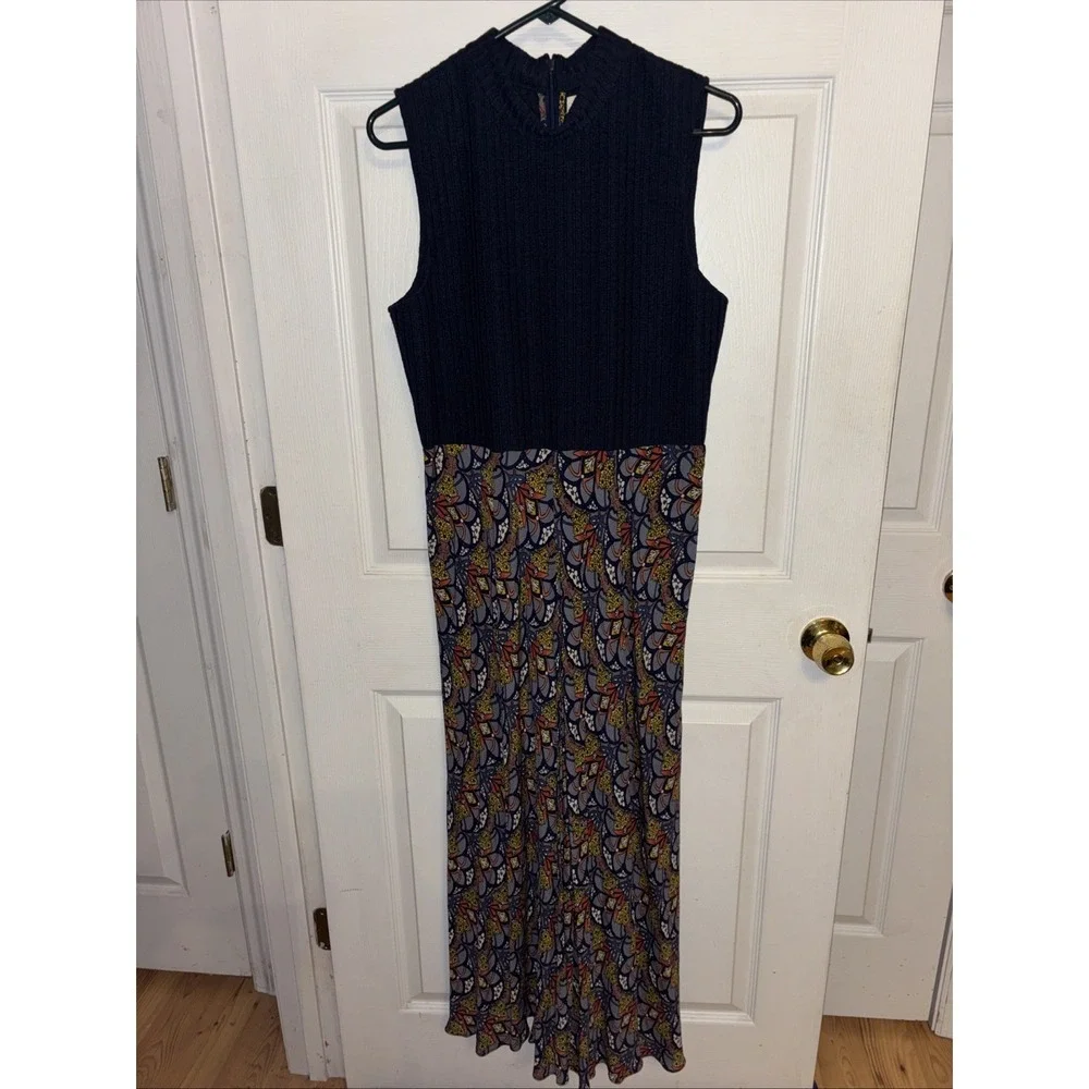 TINY Anthropologie Sophie Dress Sz L Navy Sweater Bodice Rayon Skirt Midi / Maxi - Picture 5 of 16